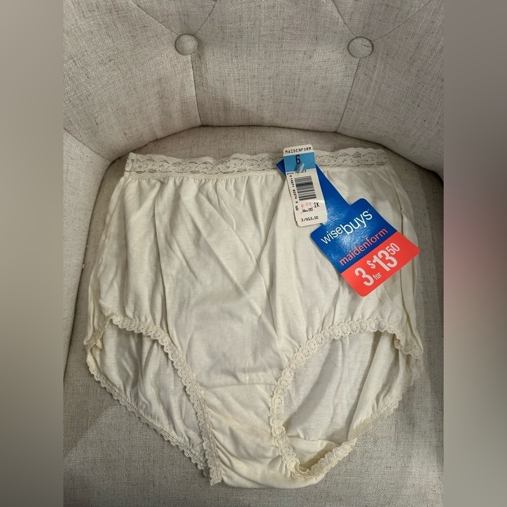 VTG Maidenform Wise Buys 100% Cotton Brief Panties Size 6 Ivory Lace 40523 NEW
